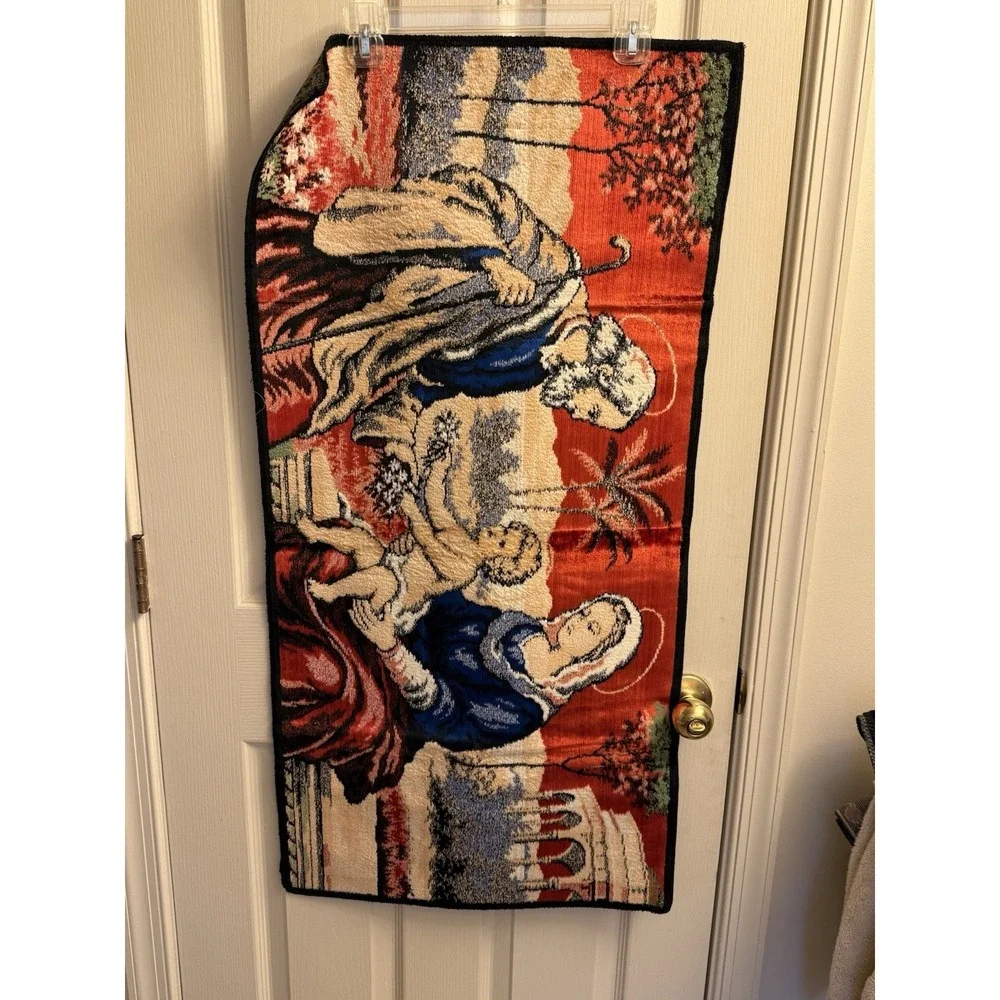 Holy Family Vintage Velvet Tapestry Wall Hanging Kneeling Rug. Jesus Mary Joseph